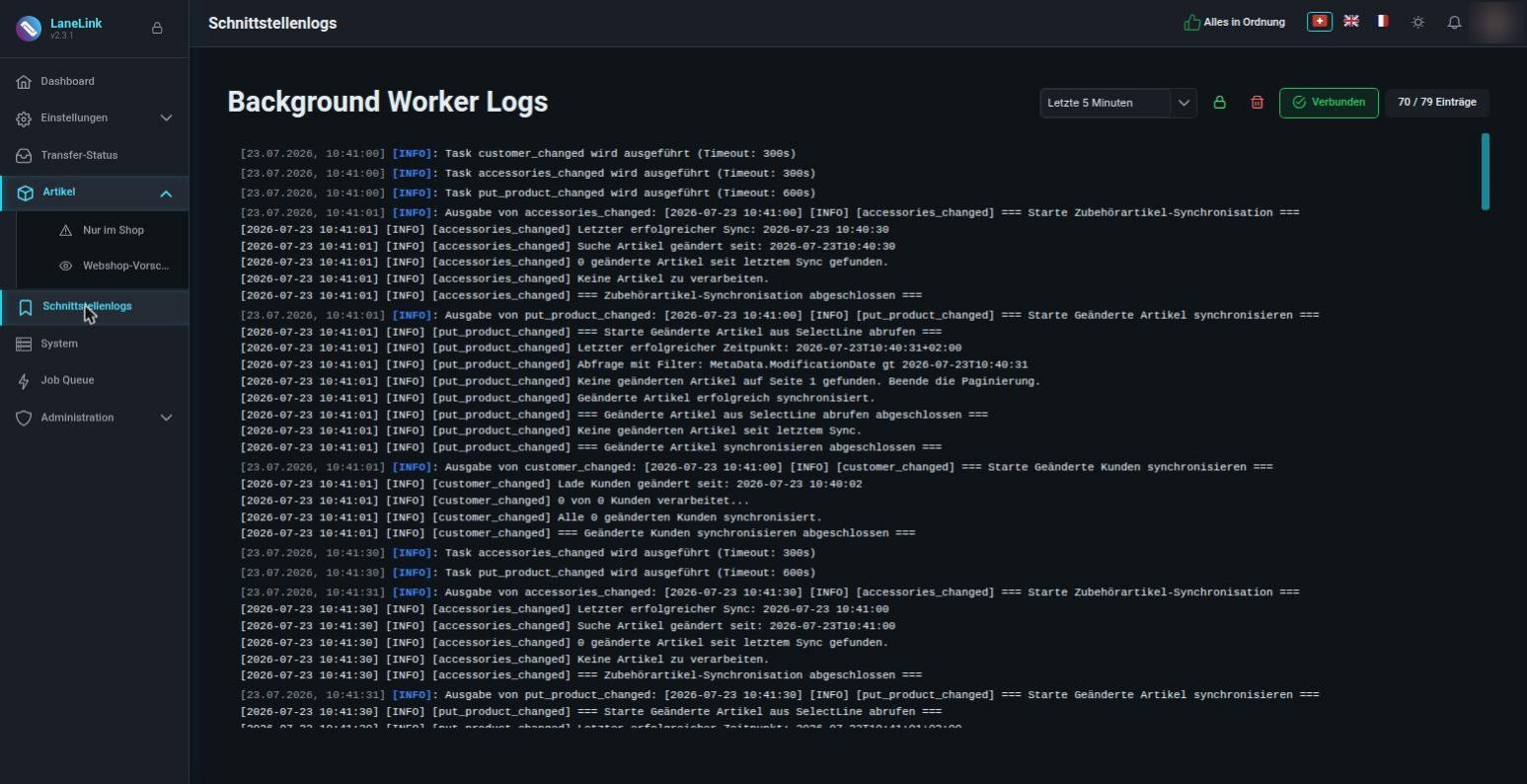 LaneLink Schnittstellenlogs, Live-Stream der Abgleich-Jobs